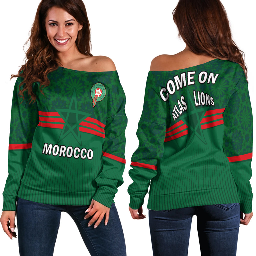 Morocco Football Off Shoulder Sweater World Cup 2022 Green Moroccan Pattern - Wonder Print Shop