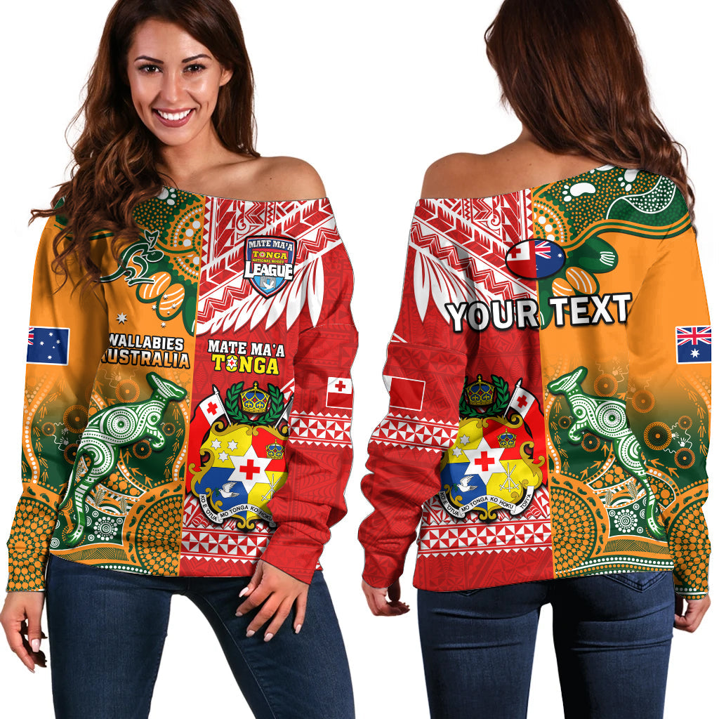 (Custom Personalised) Mate Maa Tonga And Wallabies Rugby Off Shoulder Sweater Polynesian Mix Aboriginal - Wonder Print Shop