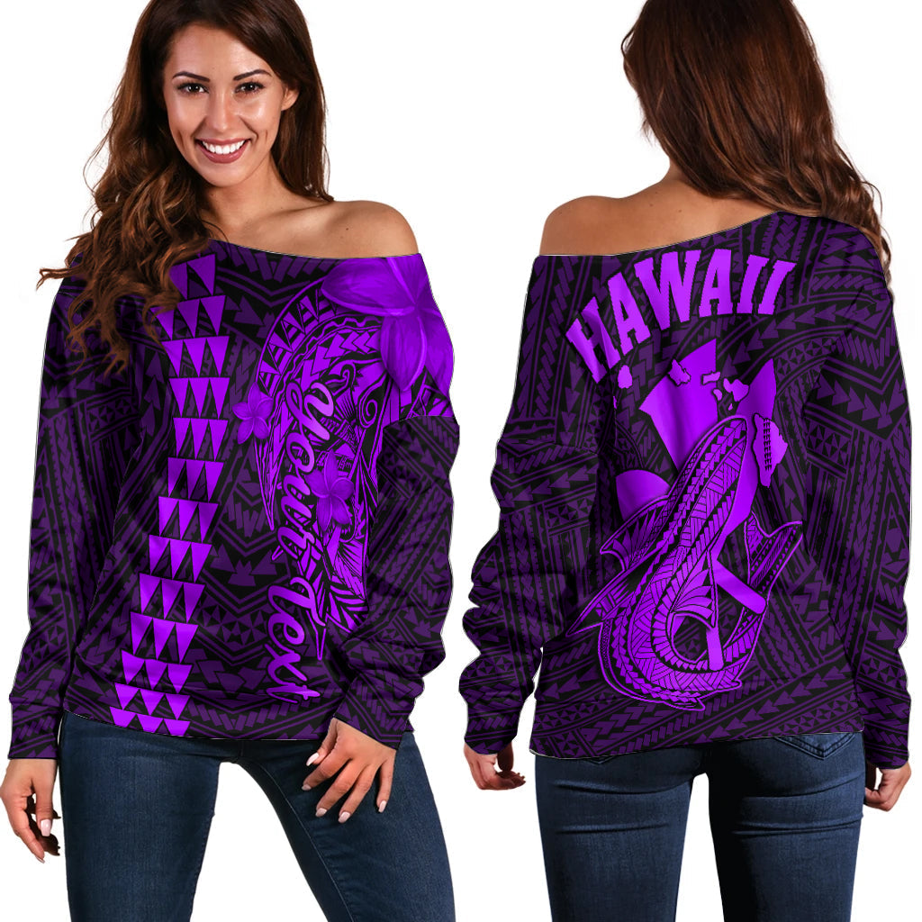 Purple off-shoulder sweater with bold Hawaii and tribal shark graphic
