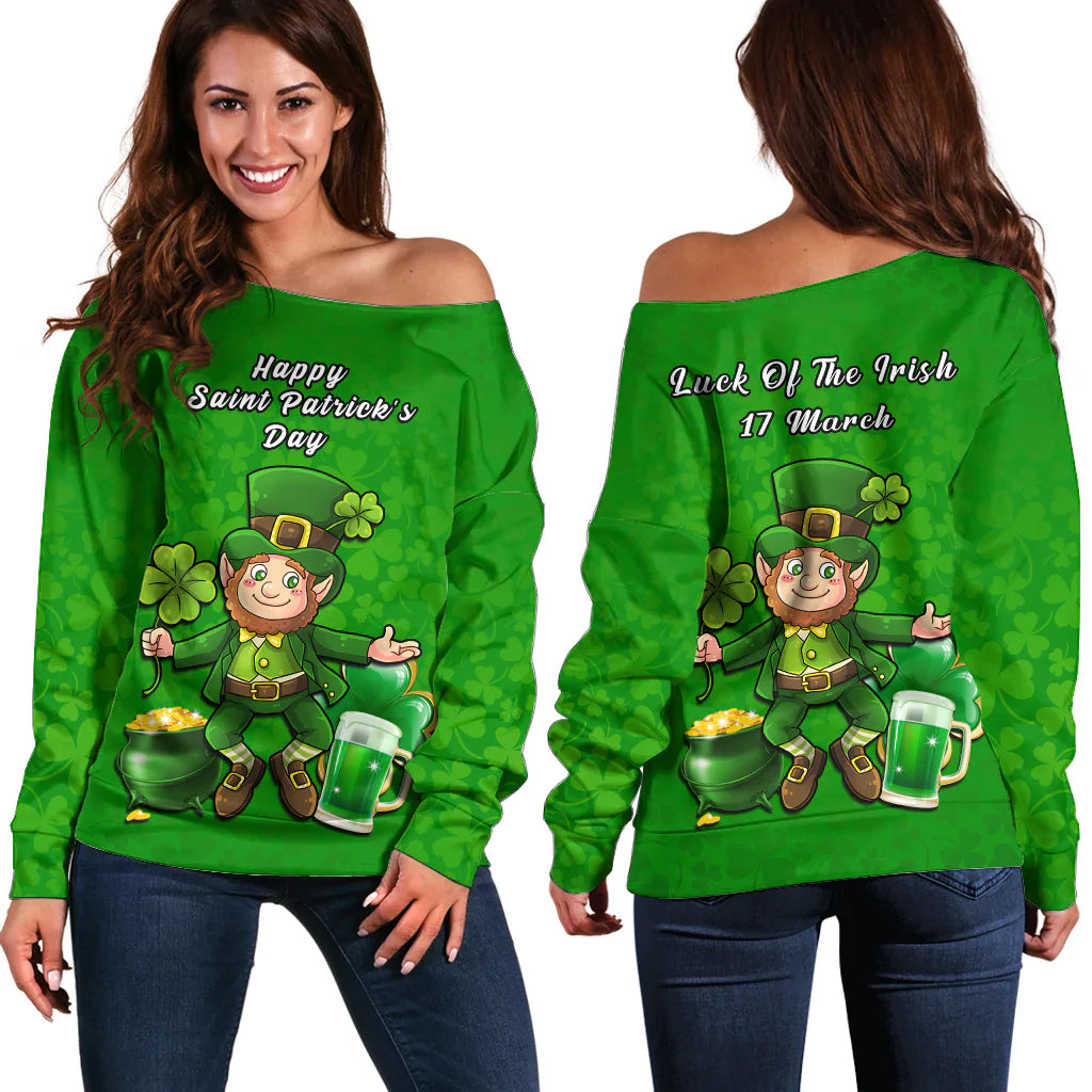 Green off-shoulder sweater with leprechaun, shamrocks, and St. Patrick’s Day text