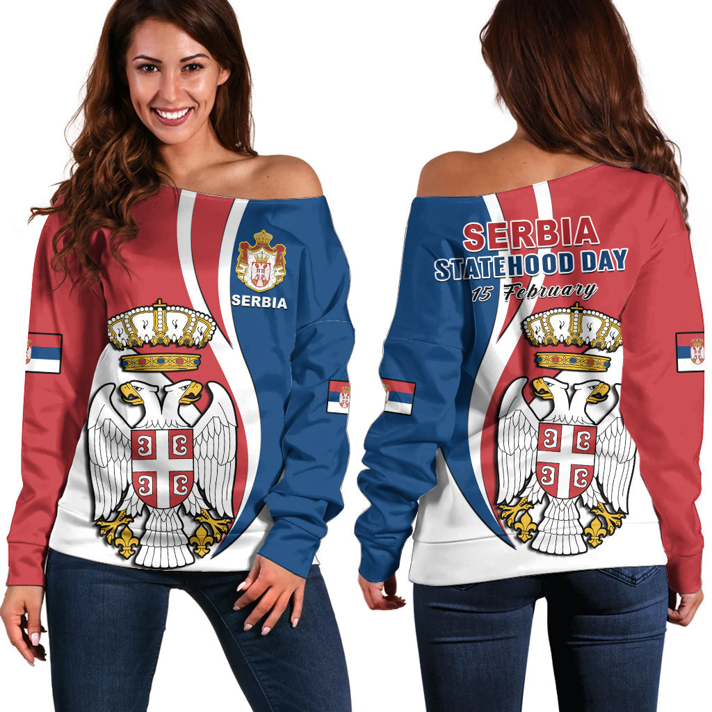 Serbia Off Shoulder Sweater Happy Serbian Statehood Day With Coat Of Arms - Wonder Print Shop