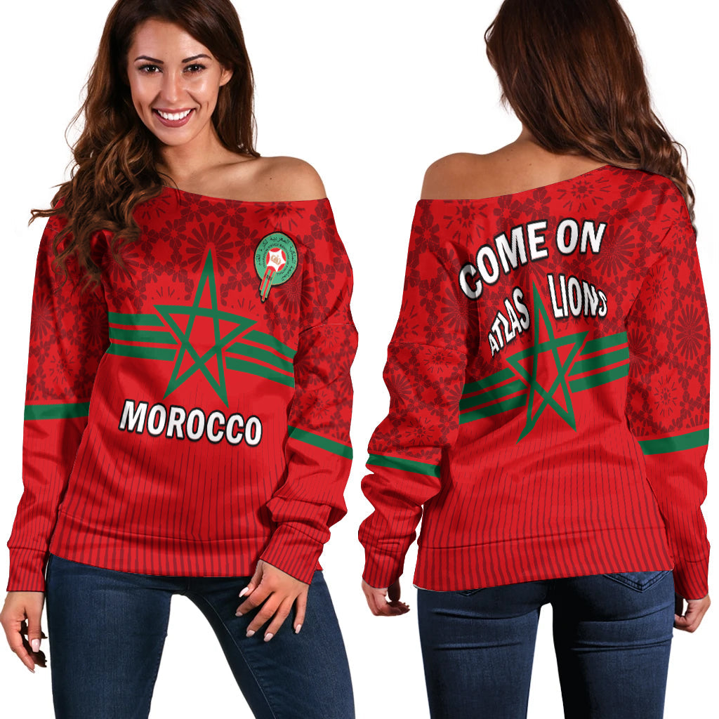 Morocco Football Off Shoulder Sweater World Cup 2022 Red Moroccan Pattern - Wonder Print Shop