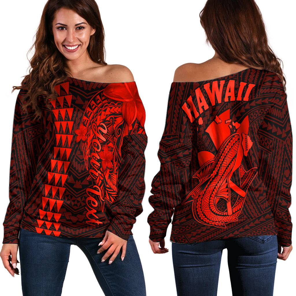 Women’s off-shoulder sweater in dark red and black with Hawaiian shark graphic
