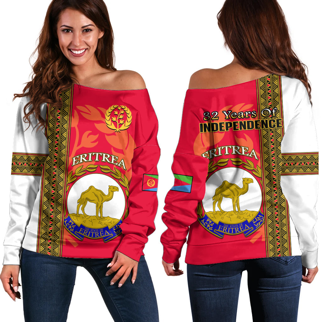 Eritrea Off Shoulder Sweater African Pattern Happy Independence Day Version White - Wonder Print Shop