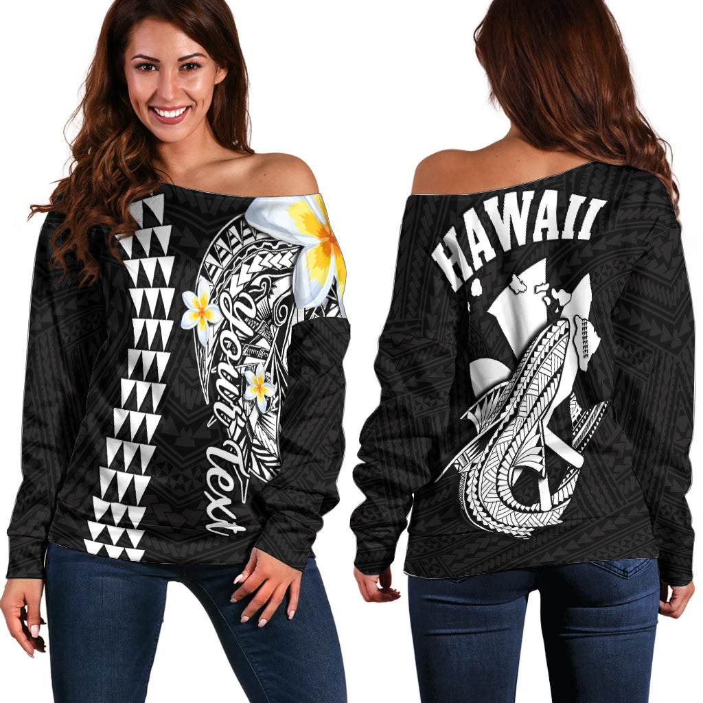Black off-shoulder sweater with Hawaii text and shark graphic, long sleeves
