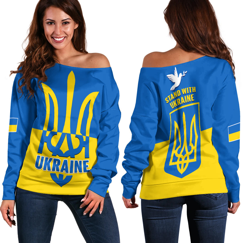 Women blue off-shoulder sweater with yellow Ukraine graphic print