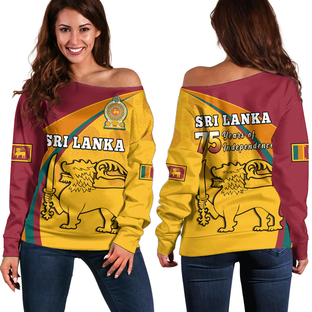 Women’s off-shoulder sweater with bold Sri Lanka 75 Years Independence graphic, red and yellow