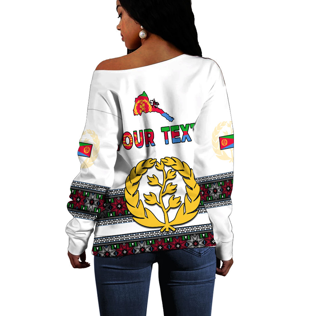 Back view white off-shoulder sweater with laurel crest, flag patches and printed text
