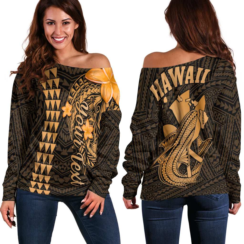 Women’s off-shoulder sweater with bold Hawaii print, black knit with gold tropical motif