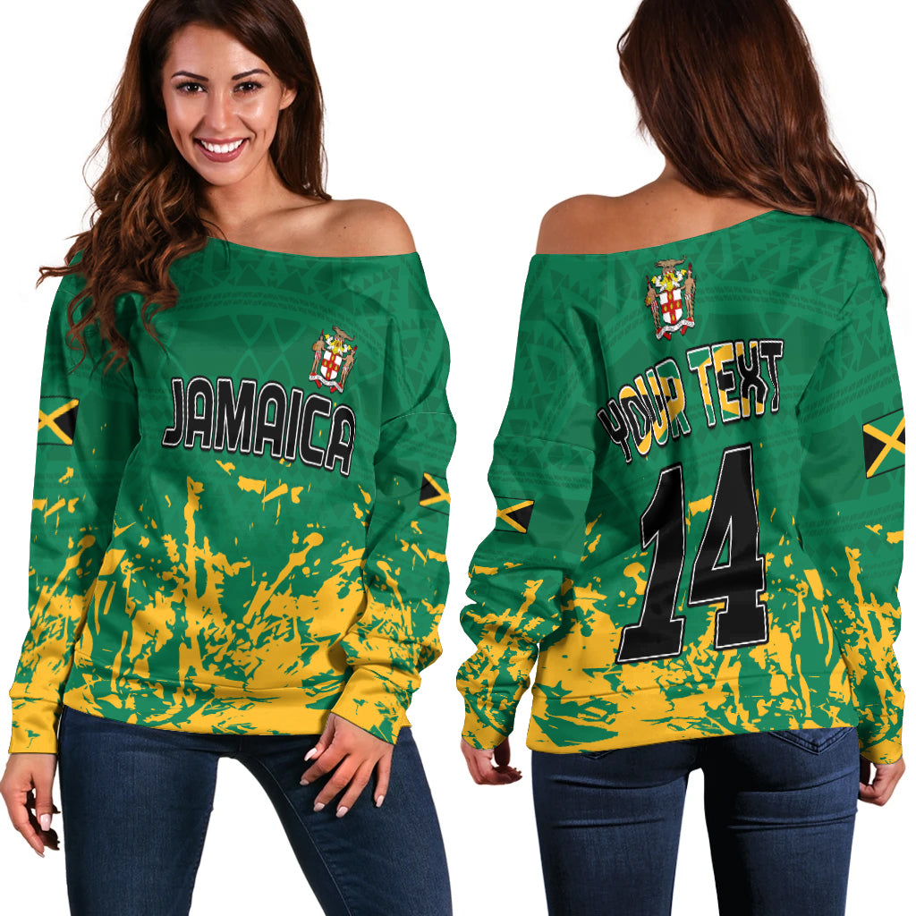 Women off-shoulder sweater, green Jamaica flag print with text and number 14