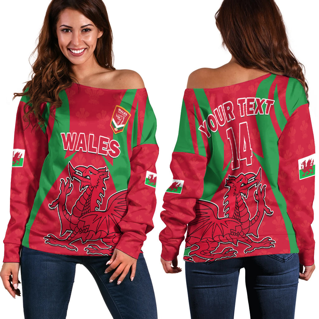 (Custom Text And Number) Wales Rugby Off Shoulder Sweater The Dragons National Team Come On Cymru - Wonder Print Shop