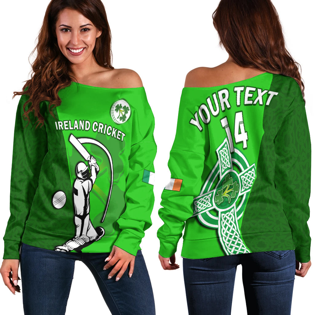 (Custom Text And Number) Ireland Cricket Off Shoulder Sweater Irish Flag Celtic Cross Sporty Style - Wonder Print Shop