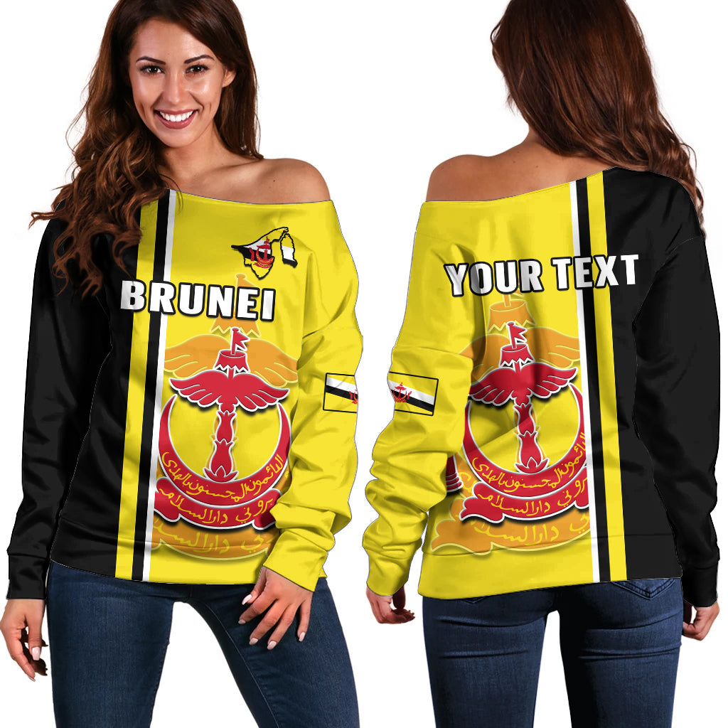 (Custom Personalised) Brunei Off Shoulder Sweater Happy Independence Day With Coat Of Arms - Wonder Print Shop