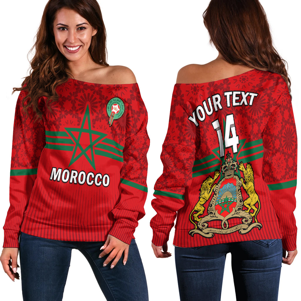 (Custom Text And Number) Morocco Football Off Shoulder Sweater World Cup 2022 Red Moroccan Pattern - Wonder Print Shop