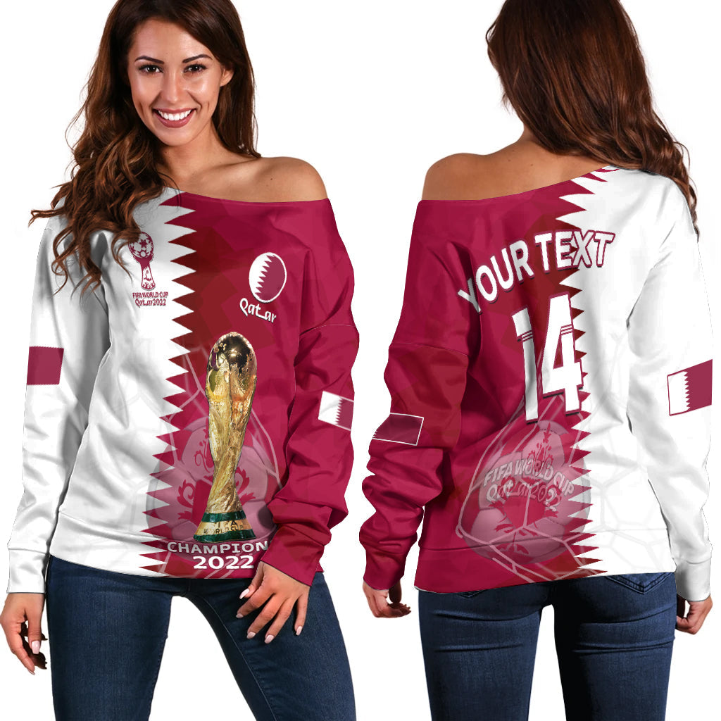 (Custom Text And Number) Qatar Football Off Shoulder Sweater Annabi Champions Proud WC 2022 - Wonder Print Shop