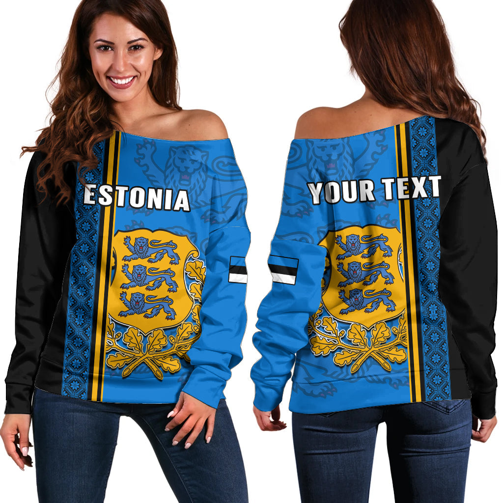 Blue off-shoulder sweater for women with yellow stripe and crest graphic, long sleeves