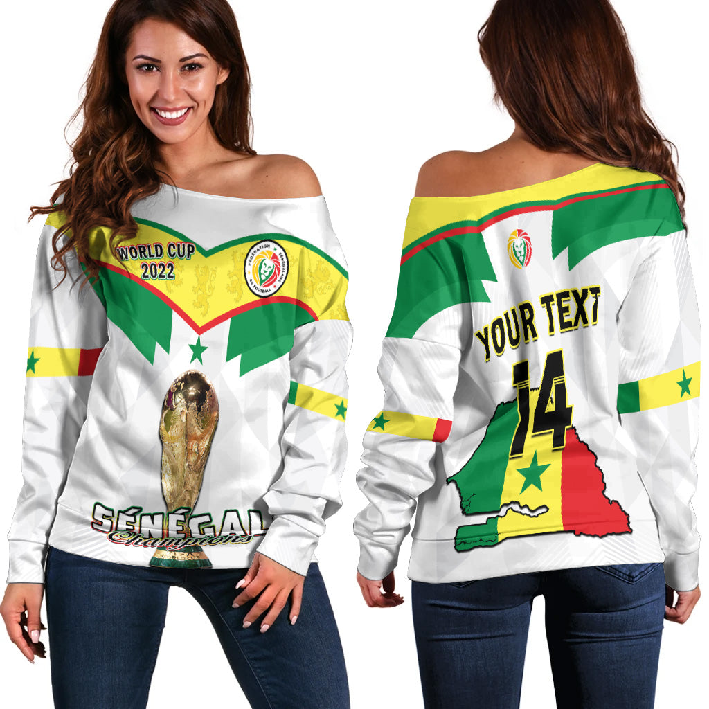 (Custom Text And Number) Senegal Football Off Shoulder Sweater Champions WC 2022 - Wonder Print Shop