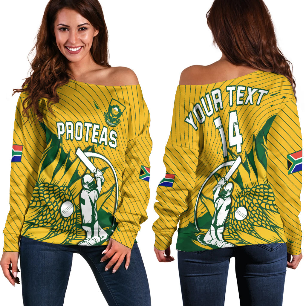 (Custom Text And Number) South Africa Cricket Off Shoulder Sweater Go Proteas Unique Style - Wonder Print Shop