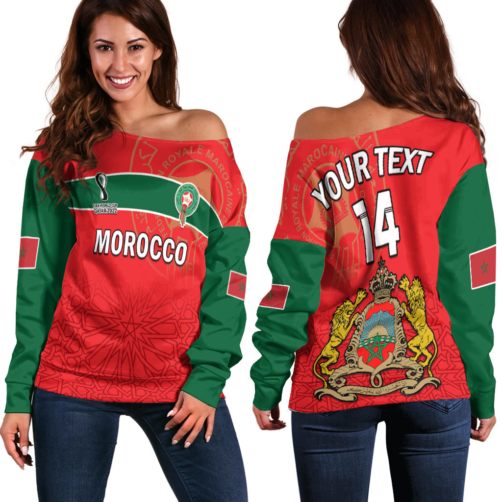 (Custom Text and Number) Morocco Football Off Shoulder Sweater Atlas Lions Red World Cup 2022 - Wonder Print Shop