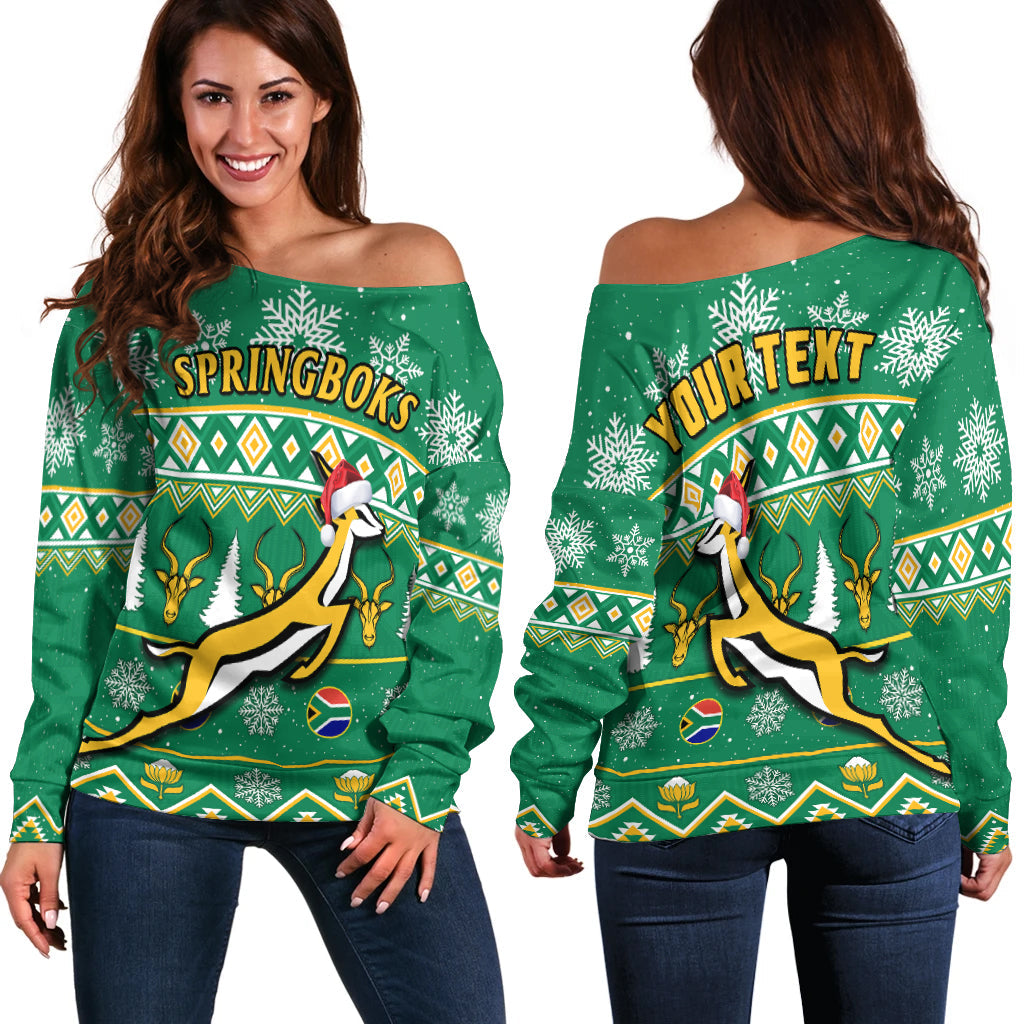 (Custom Personalised) South Africa Rugby Christmas Off Shoulder Sweater Springboks Proud Geseende Kersfees - Wonder Print Shop