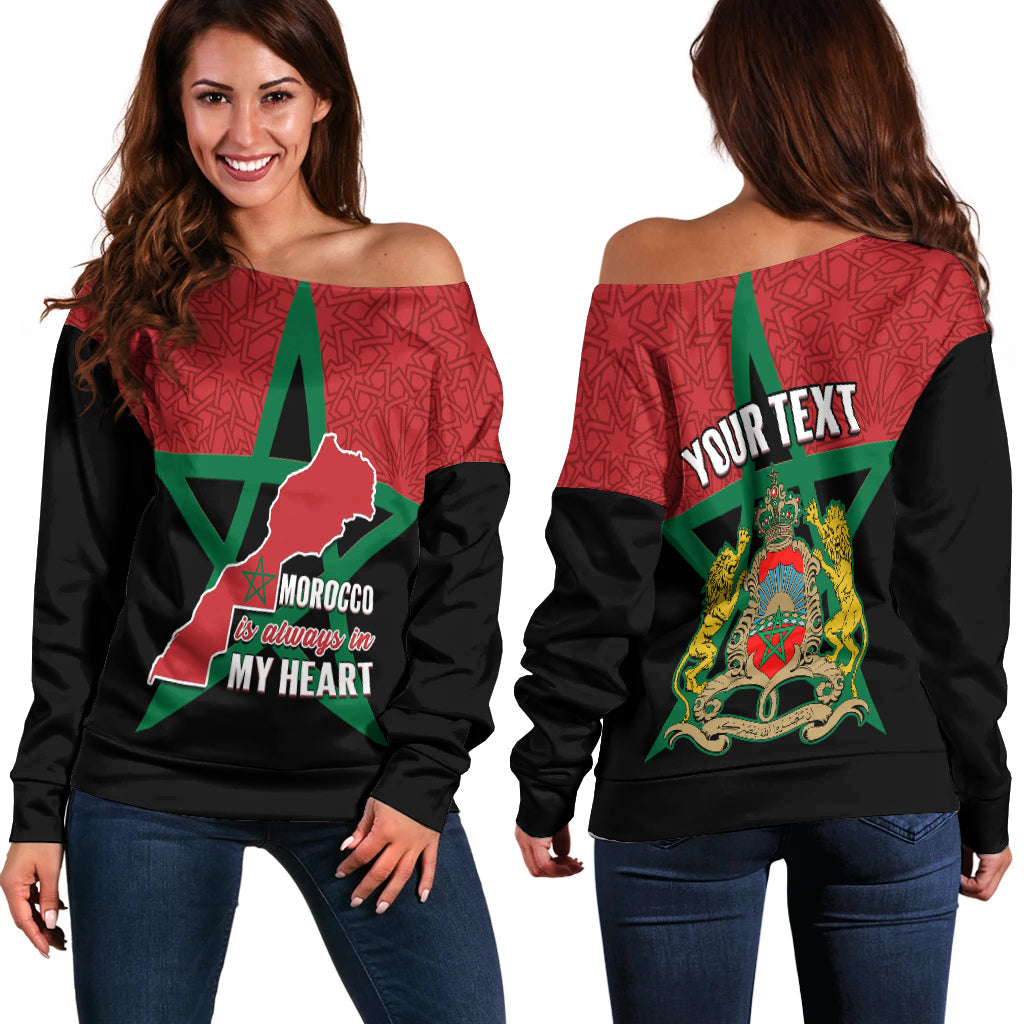 Women's off-shoulder sweater with Morocco map graphic, red and black print