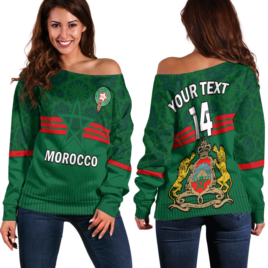 (Custom Text And Number) Morocco Football Off Shoulder Sweater World Cup 2022 Green Moroccan Pattern - Wonder Print Shop