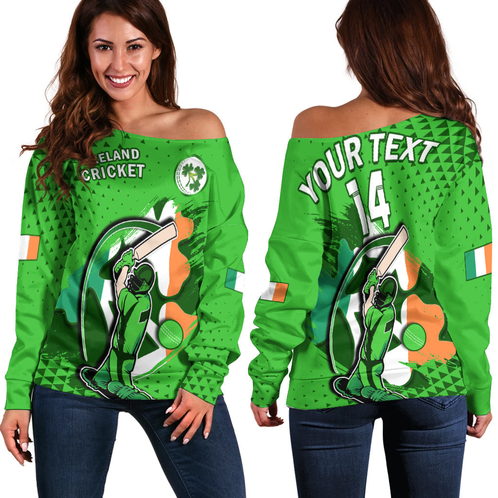 (Custom Text And Number) Ireland Cricket Off Shoulder Sweater Irish Flag Shamrock Sporty Style - Wonder Print Shop