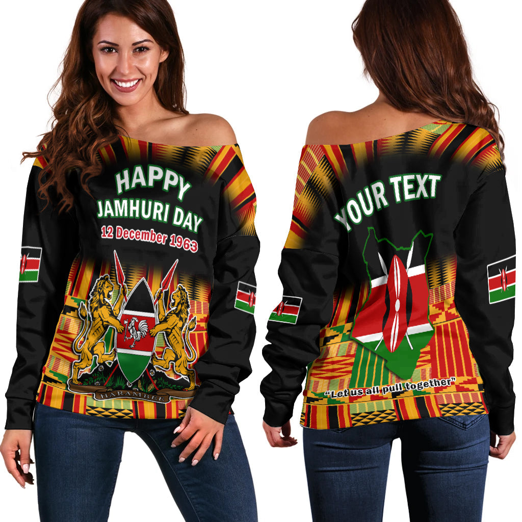 (Custom Personalised) Kenya Off Shoulder Sweater Happy Jamhuri Day Kenyan Pattern - Wonder Print Shop