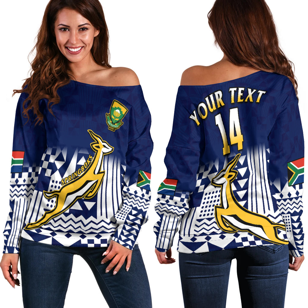 (Custom Text And Number) South Africa Rugby Off Shoulder Sweater Outgoing Tour Go Springboks - Wonder Print Shop