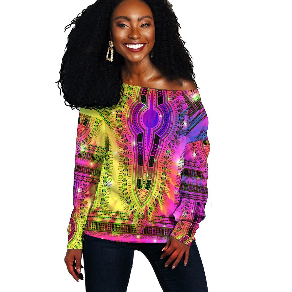 Off-shoulder tie-dye sweater with African dashiki pattern, multicolor