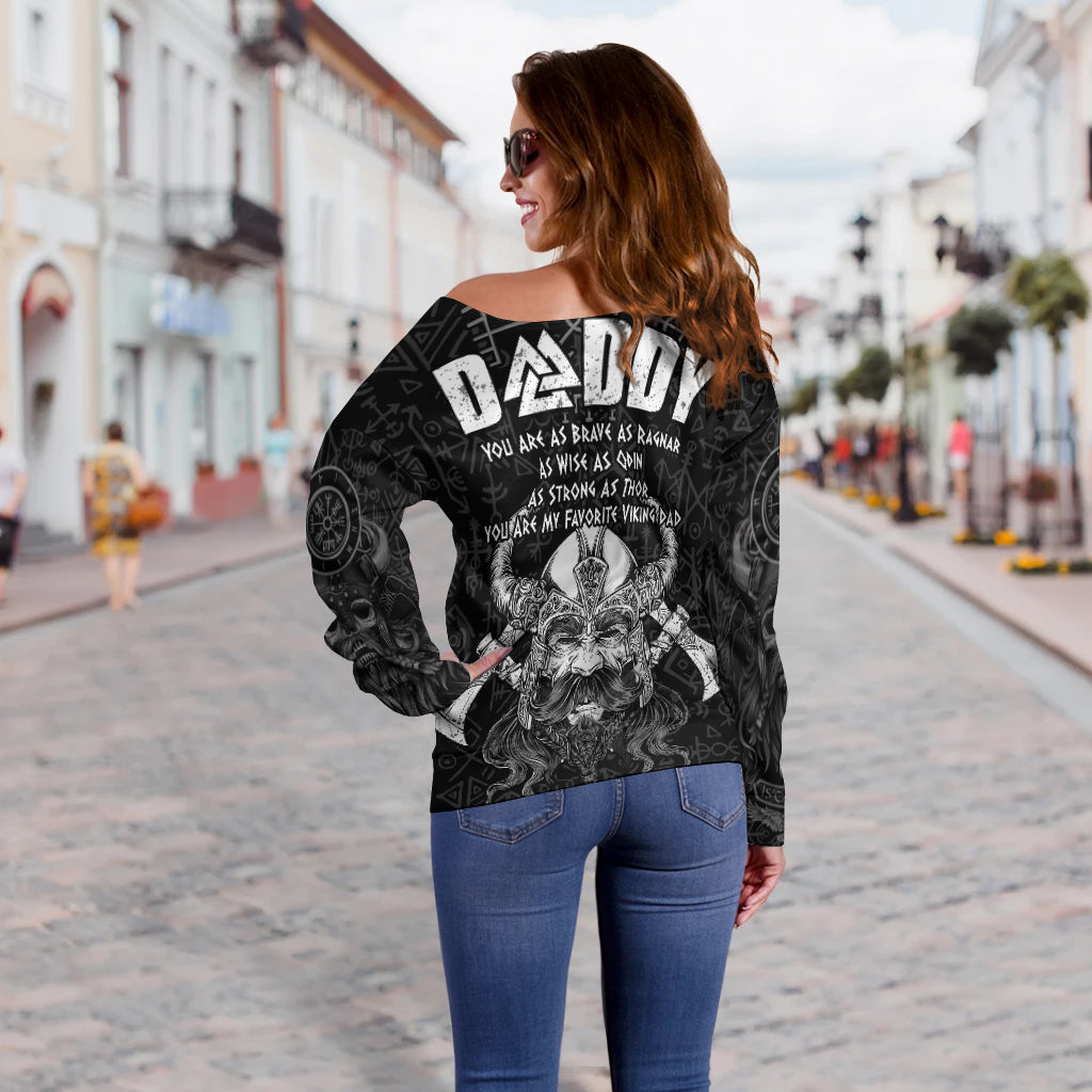 Black off-shoulder sweater back with 'DAD' text and Odin illustration, long sleeves