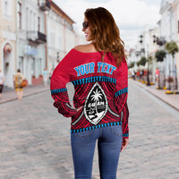 Red off-shoulder sweater with 'YOUR TEXT' and Guam emblem on tribal patterned back