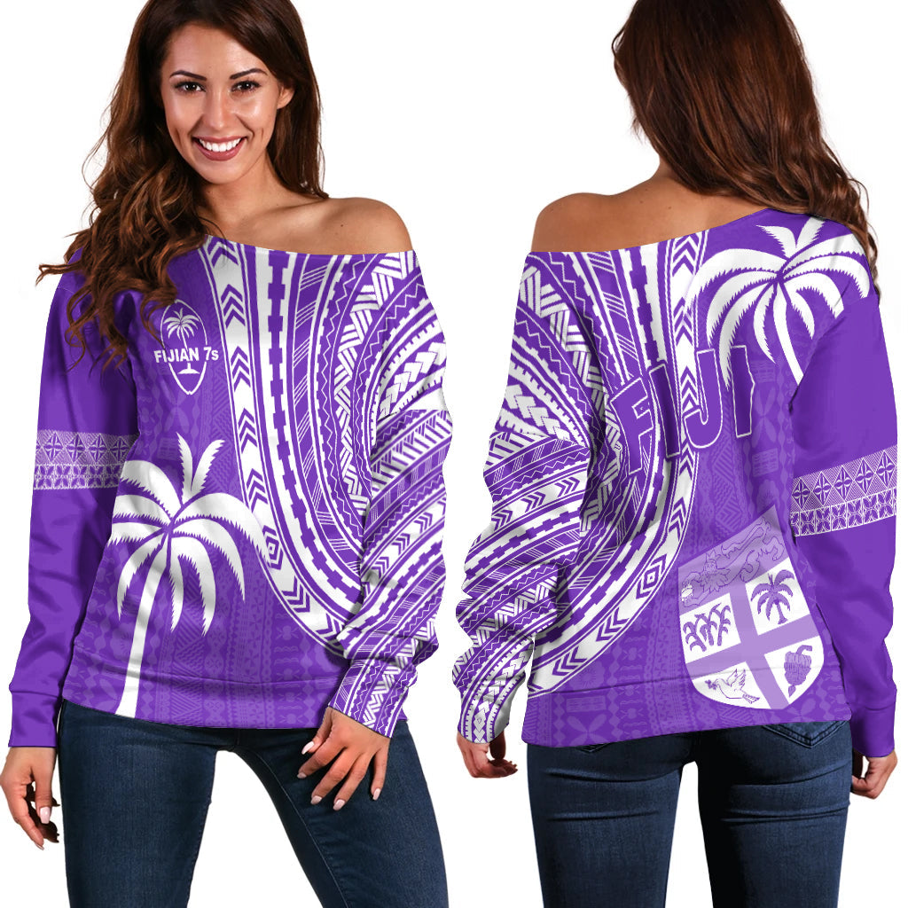 Fiji Rugby Sevens Off Shoulder Sweater Fijian 7s Tapa Polynesian Purple LT13 - Wonder Print Shop