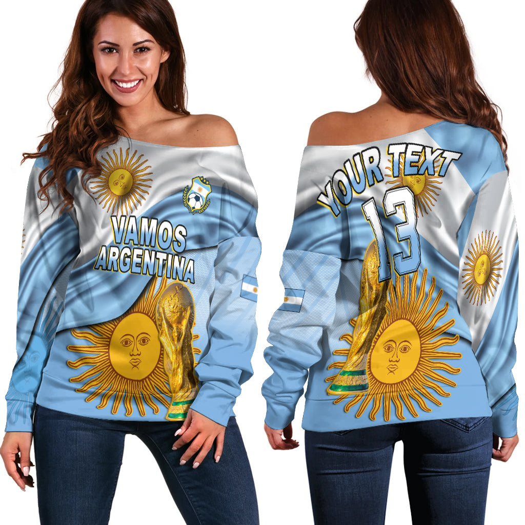 Blue off-shoulder sweater with VAMOS ARGENTINA graphic and crest, long sleeves