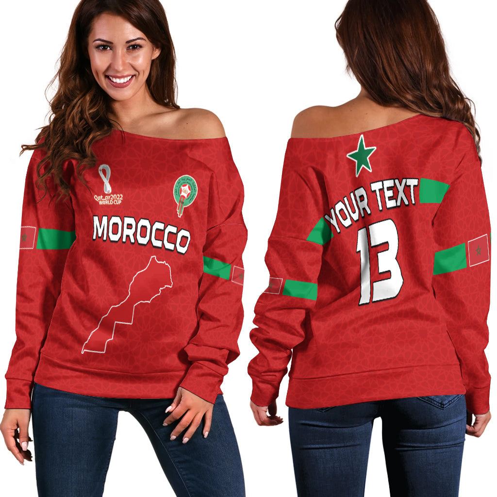 Women's red off-shoulder sweater with Morocco crest, “MOROCCO” text, and map outline