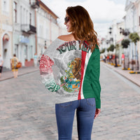 Women off-shoulder sweater, back print with eagle and ornate Mexican crest lettering.