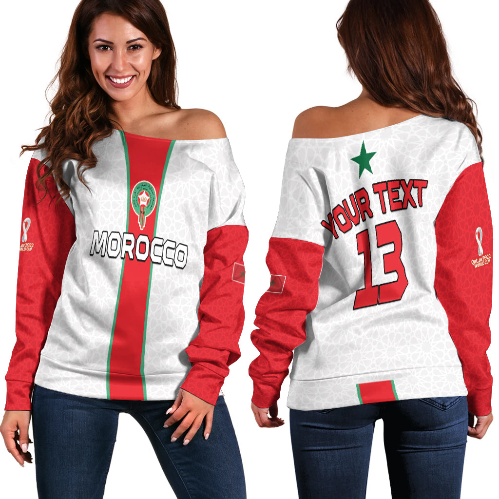 (Custom Text and Number) Morocco Football Off Shoulder Sweater World Cup 2022 Soccer Lions de l'Atlas Champions LT13 - Wonder Print Shop