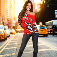 Red off-shoulder sweater with YOUR TEXT graphic and black-white tribal pattern