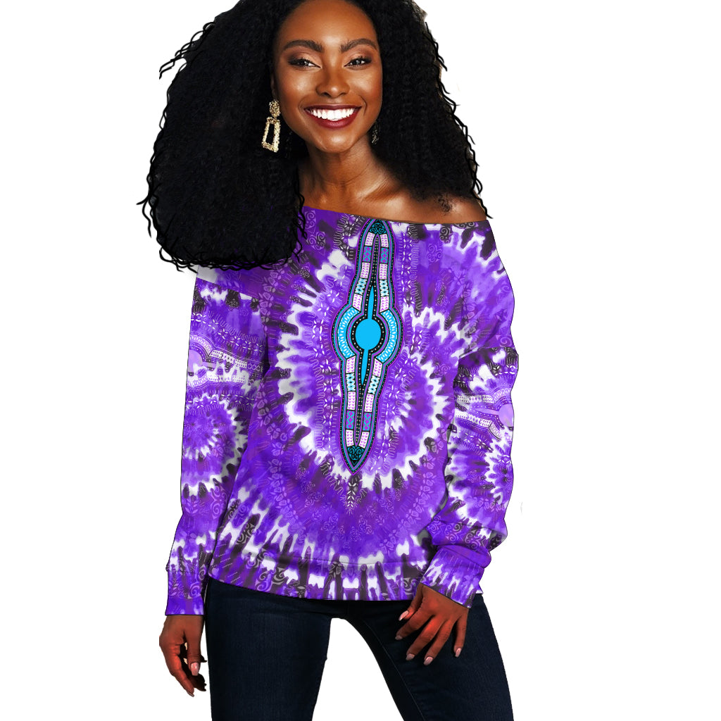 Off-shoulder tie-dye sweater in purple with ornate Africa motif, long sleeves