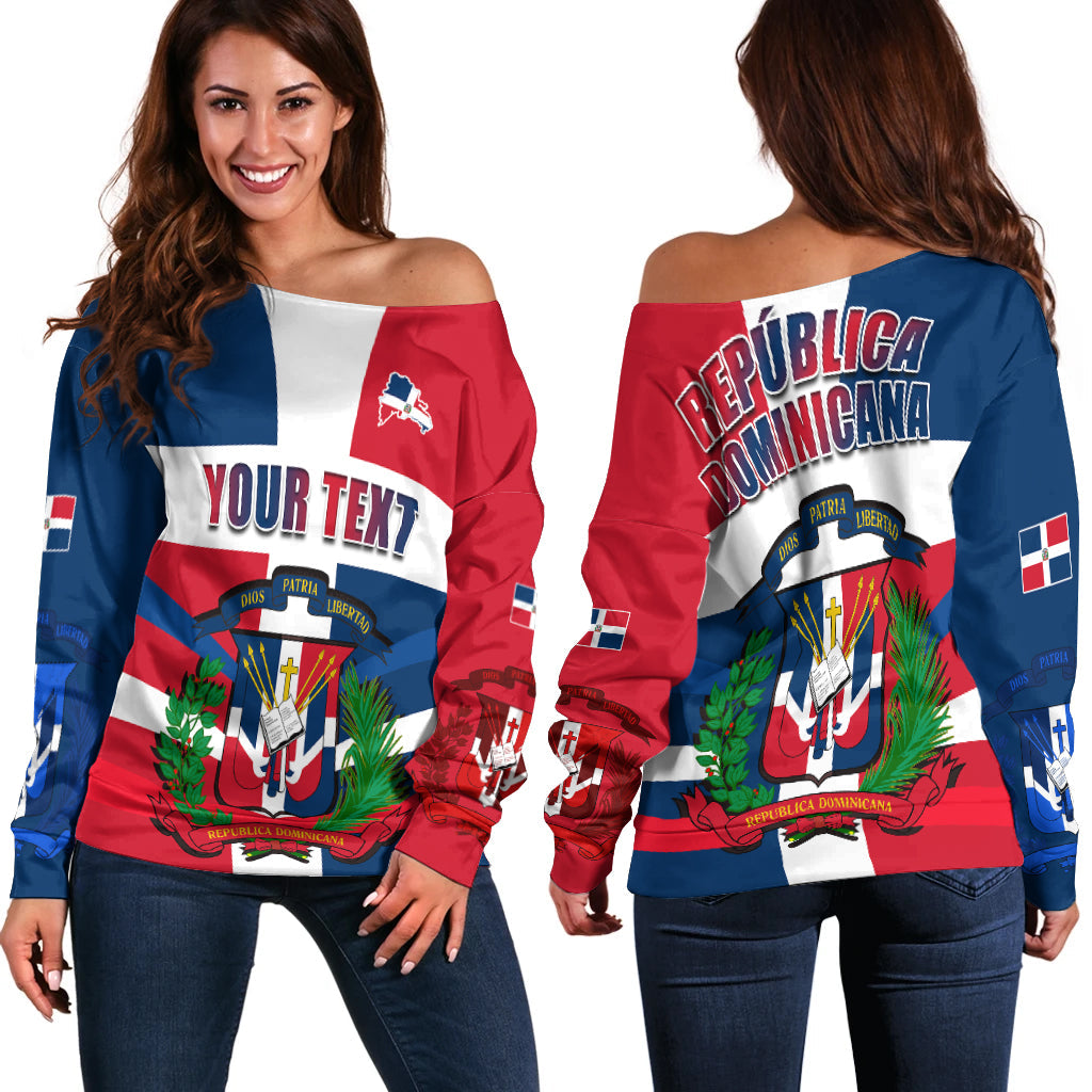 Off-shoulder sweater with Dominican Republic flag print, red/blue/white, text layout