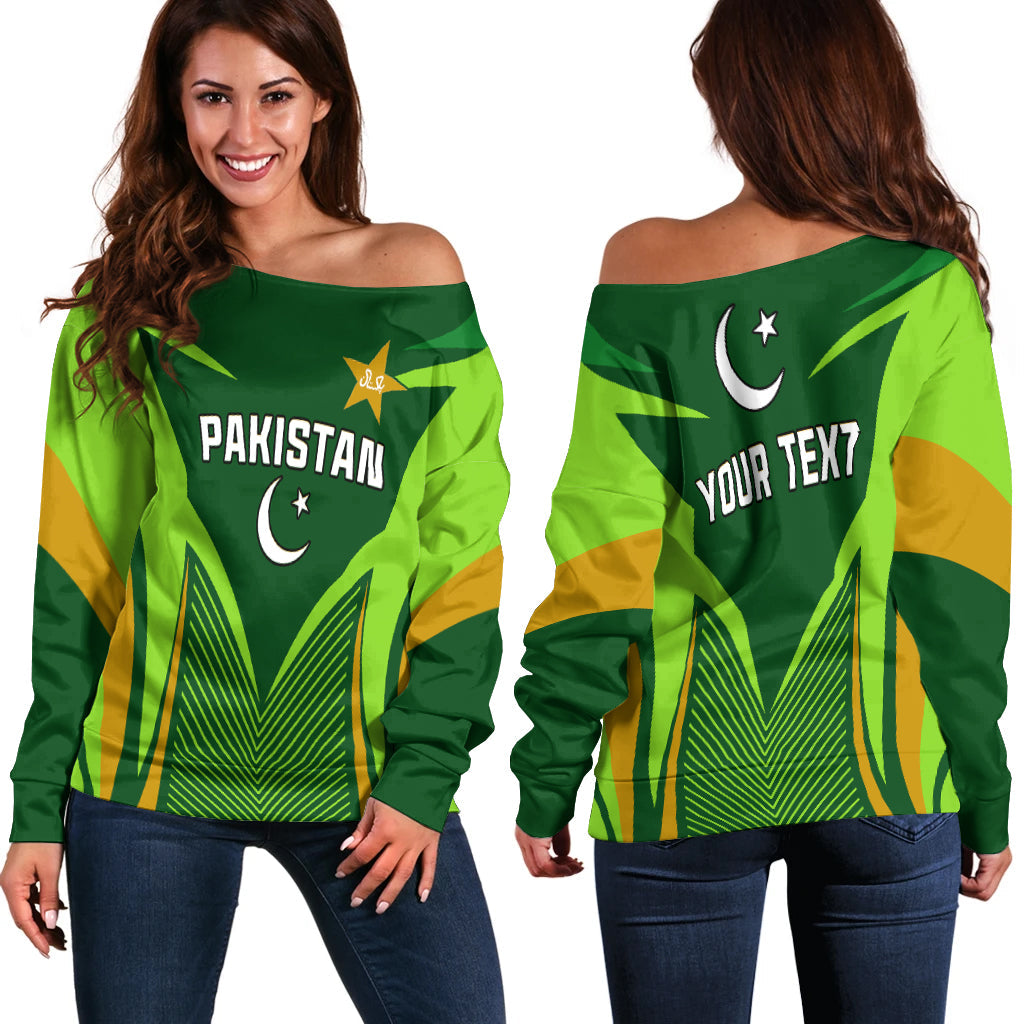 Women’s green off-shoulder sweater with Pakistan graphic, star and crescent front