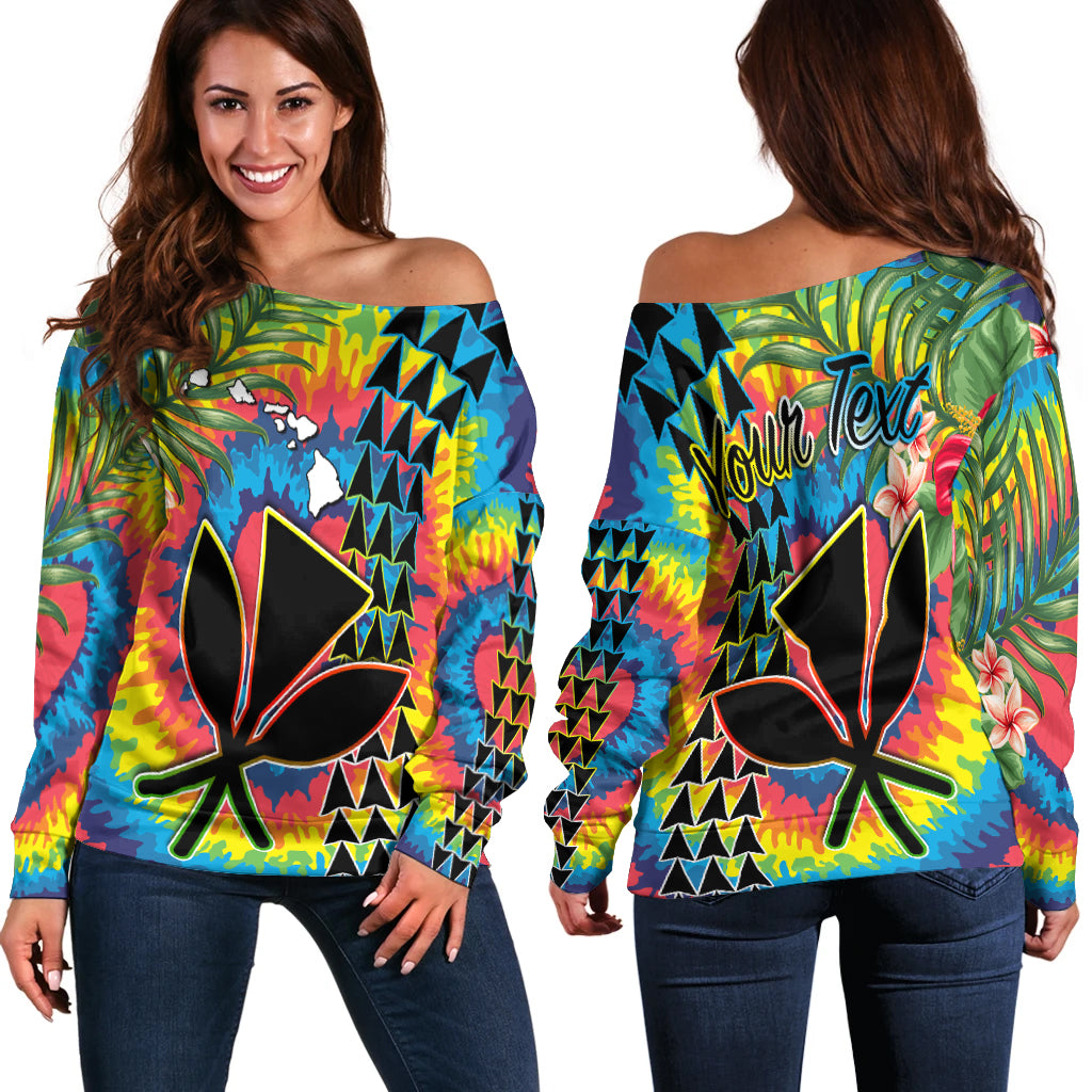 (Custom Personalised) Hawaii Rainbow Tie Dye Off Shoulder Sweater Flowers Polynesian Hawaiian Tribal LT13 - Wonder Print Shop