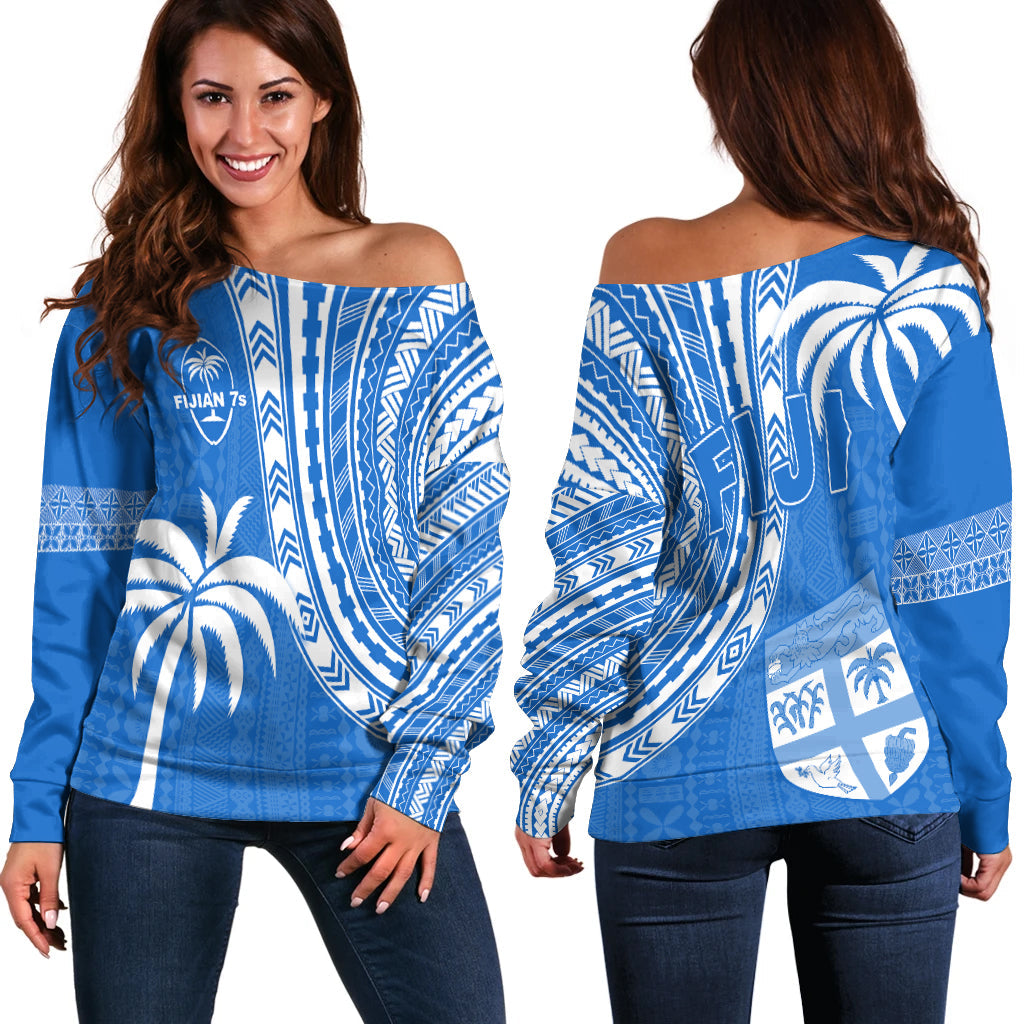 Fiji Rugby Sevens Off Shoulder Sweater Fijian 7s Tapa Polynesian Blue Ver.01 LT13 - Wonder Print Shop