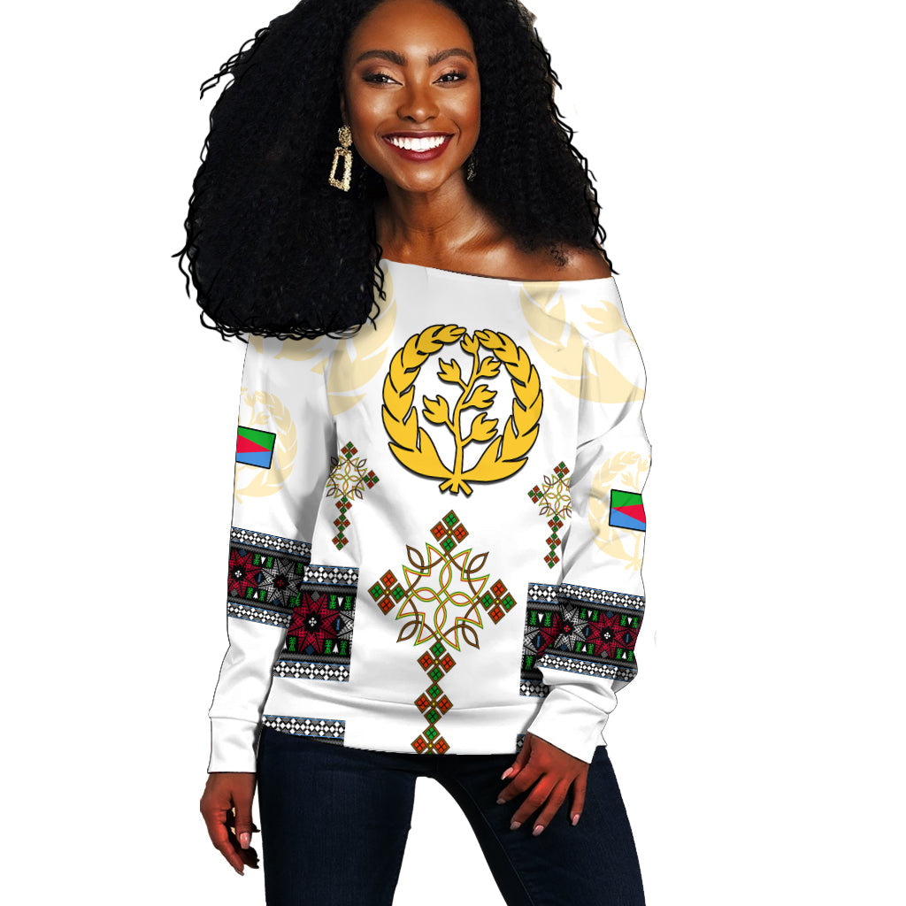 White off-shoulder sweater with Eritrea flag, laurel crest and patterned trim