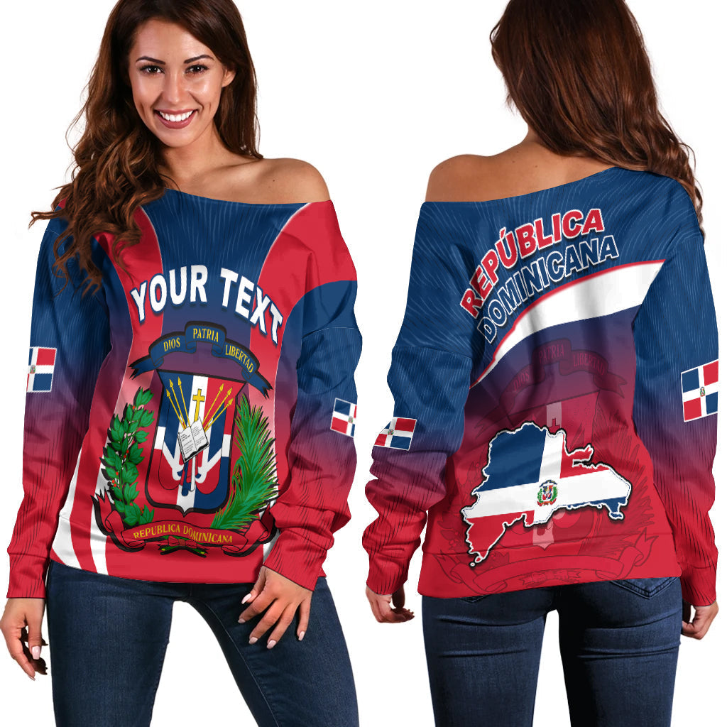 Off-shoulder Pullover, blau-rot, Grafik „Your Text“ und Wappen auf der Vorderseite