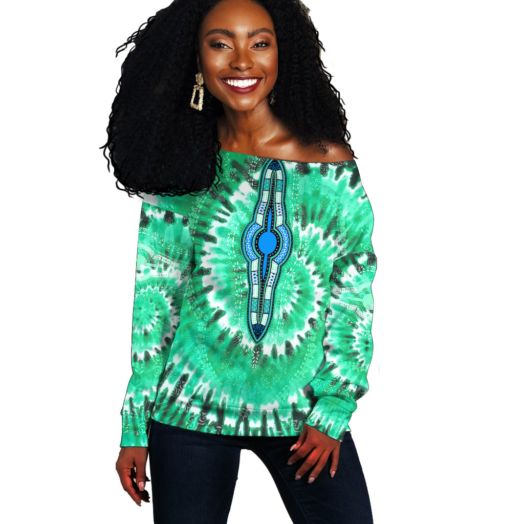 Green tie-dye off-shoulder sweater with central medallion graphic, long sleeves