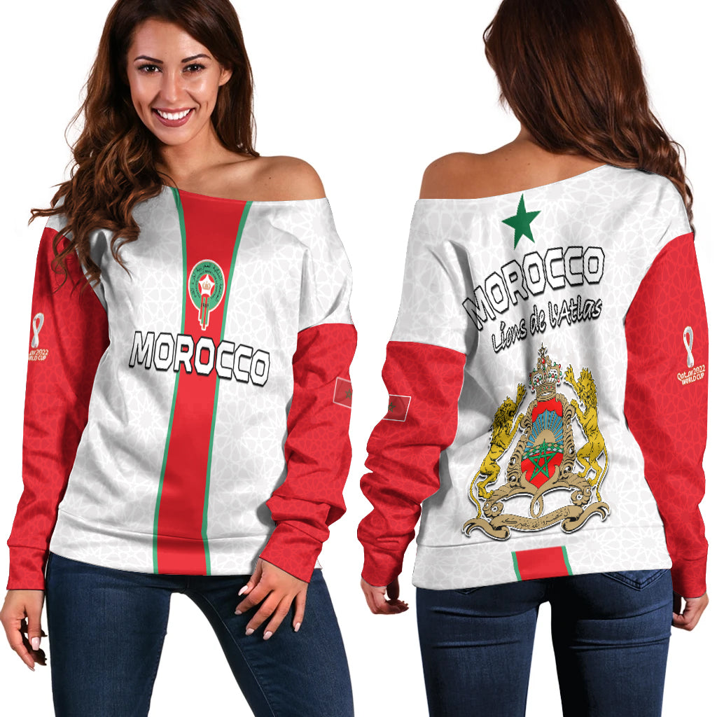 Morocco Football Off Shoulder Sweater World Cup 2022 Soccer Lions de l'Atlas Champions LT13 - Wonder Print Shop