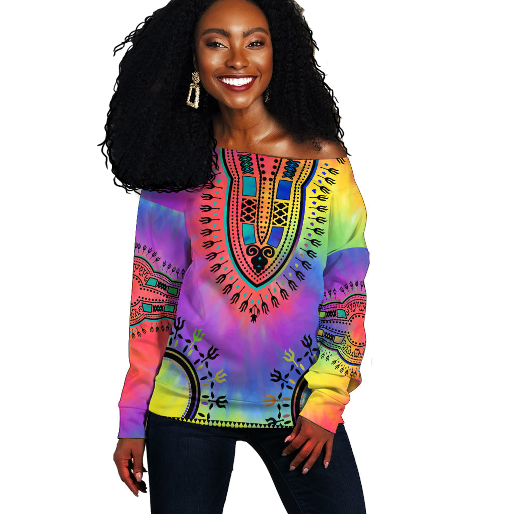 Women off-shoulder dashiki tie-dye sweater, multicolor African pattern
