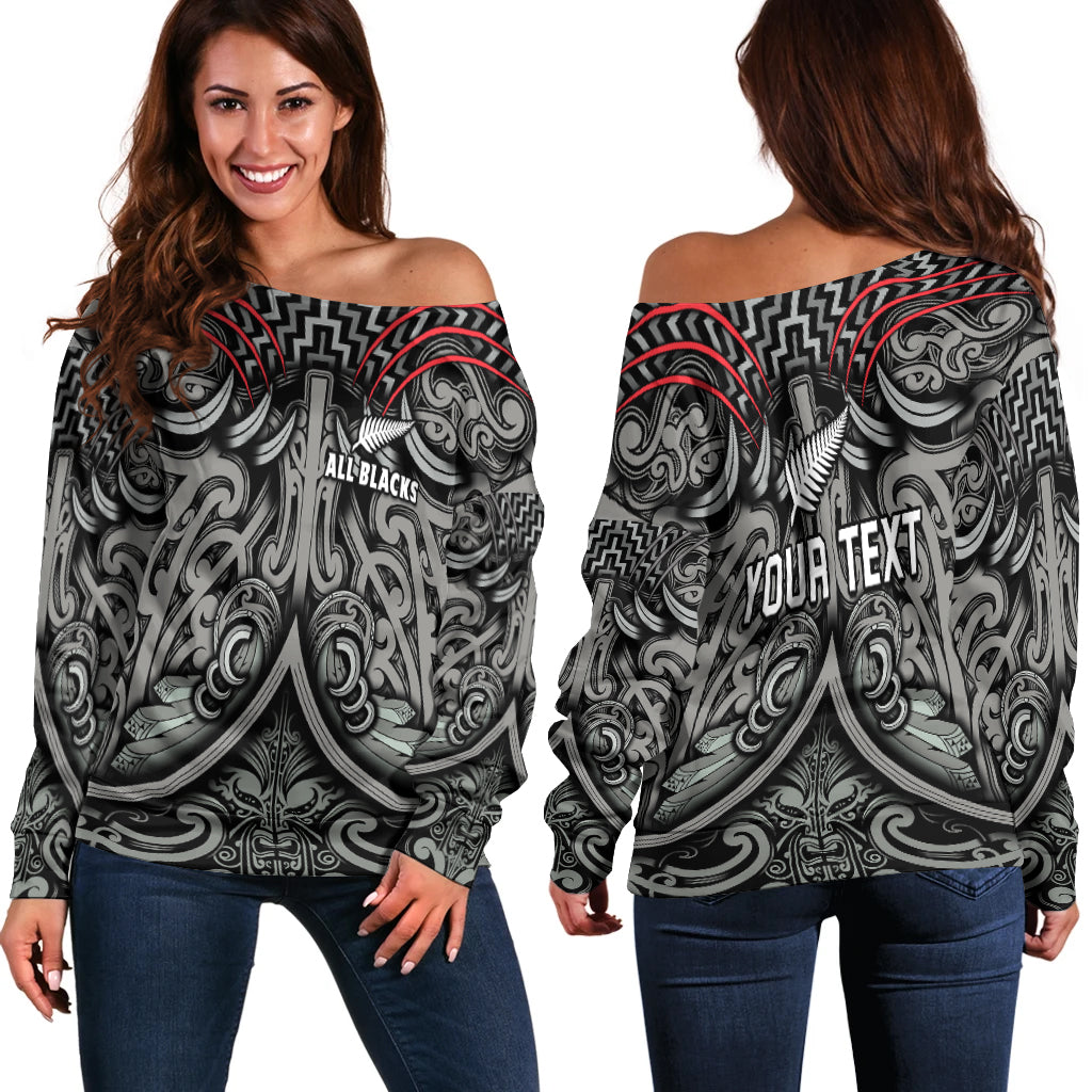 Custom Personalised New Zealand Silver Fern Rugby Off Shoulder Sweater All Black NZ Maori Pattern LT13 - Wonder Print Shop