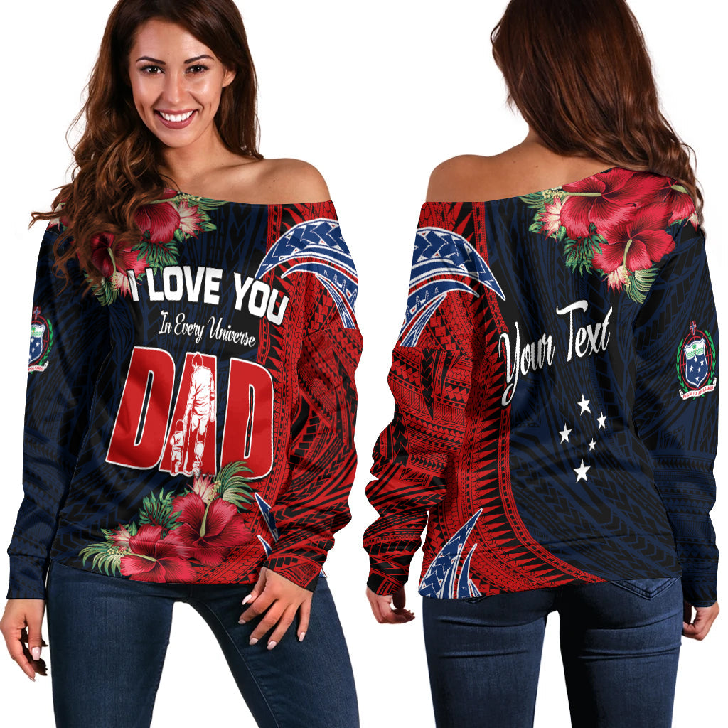 Red and navy off-shoulder sweater with hibiscus flowers and large 'DAD' graphic
